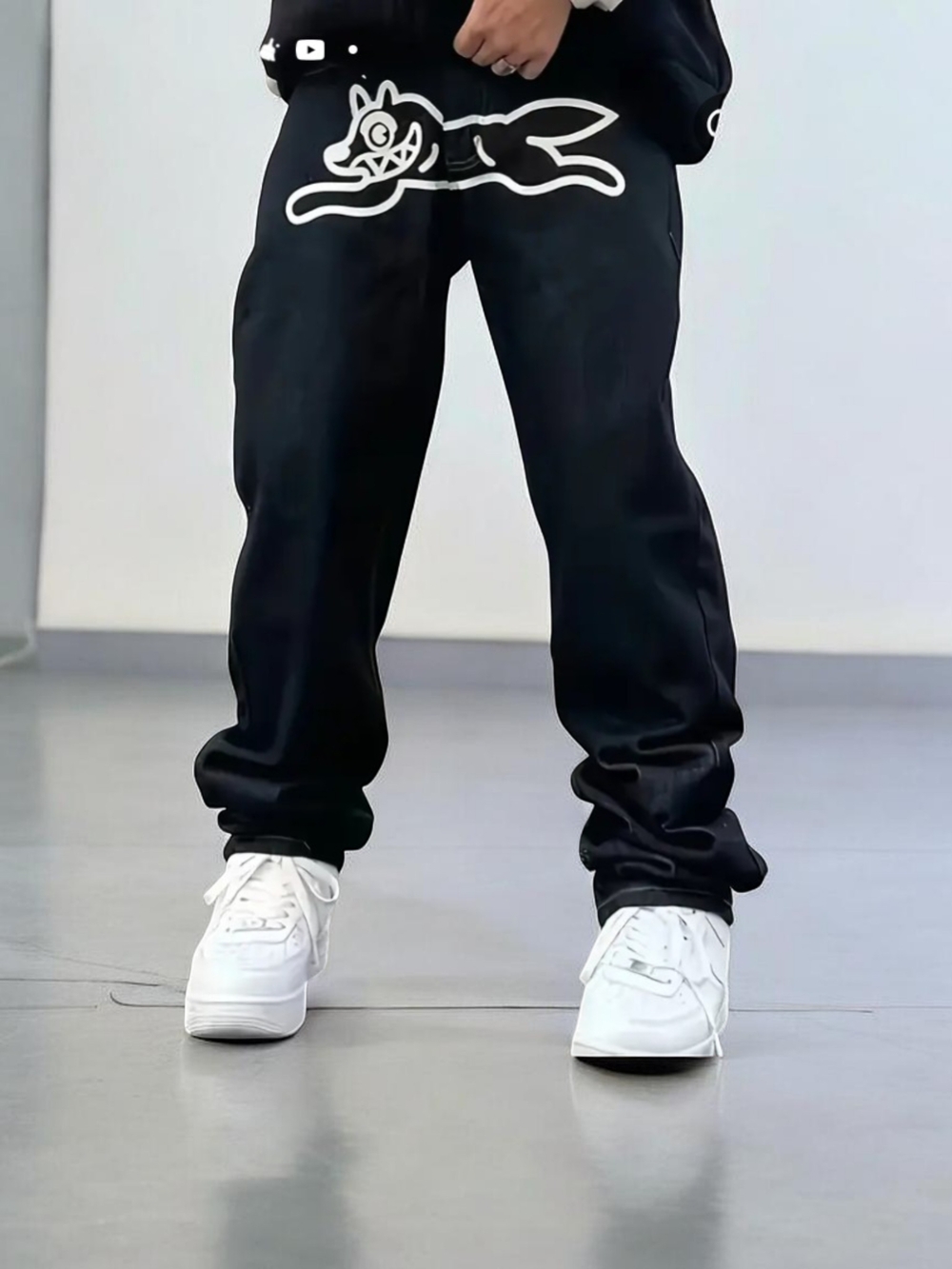 Black Graphic Sweatpants with White Outline Dog "The Shirt Is Next"